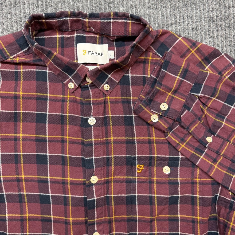 Farah Mens Large Slim Fit Burgundy Plaid Cotton Button Down Long Sleeve Shirt
